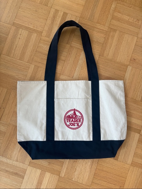 Trader Joe'S Handbags - Trader Joe's Canvas Tote Bag in Cream and Navy with Red Logo